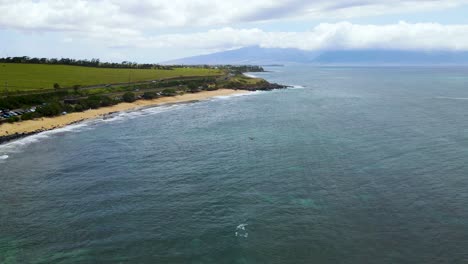 Sandy-Touristic-Beach-Coastline-on-Beautiful-Hawaii-Island-of-Maui---Aerial