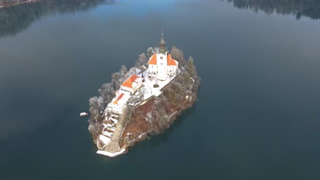 Lake-Bled-Winter-aerial-view-of-the-beautiful-church-on-an-island