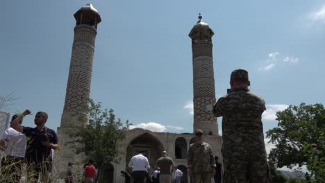 International-delegation-visit-the-destroyed-Juma-Mosque-in-the-city-of-Agdam-in-Nagorno-Karabakh,-Azerbaijan