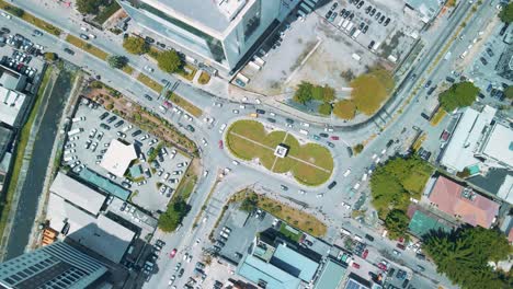 Victoria-Island-Lagos,-Nigeria---24-June-2021:-Drone-view-of-major-roads-and-traffic-in-Victoria-Island-Lagos-showing-the-cityscape,-offices-and-residential-buildings