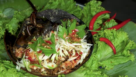 Eating-prepared-horseshoe-crab-over-salad-plate