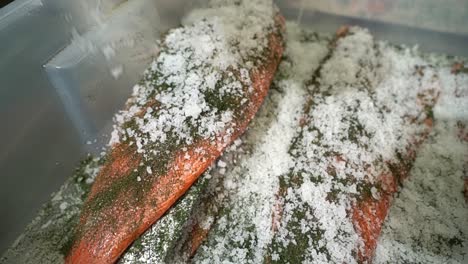 Rock-salt-hitting-salmon-fillet-in-slow-motion---Processing-traditional-graved-salmon-delicacy