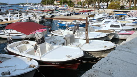 Small-Boat-Rentals-Moored-At-Marina-In-Hvar-Island,-Dalmatia,-Croatia