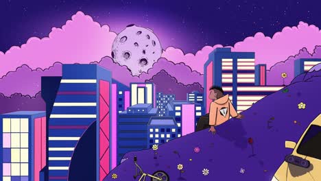 2D-animation,-young-boy-sitting-on-the-top-of-the-hill-at-night,-look-at-the-moon-and-the-city-lights