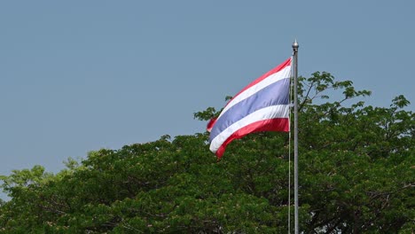 A-lengthy-clip-of-a-Thai-Flag-flying-during-a-windy-sunny-day-against-a-tree-and-blue-sky,-perfect-for-adding-the-national-anthem