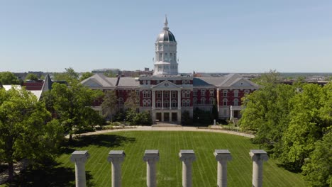 Fixed-Aerial-Shot-of-University-of-Missouri-Admissions-Office-with-Iconic-Columns-in-Foreground