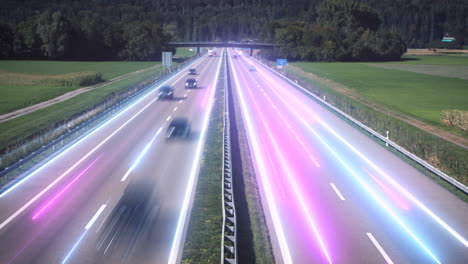 Digital-Leuchtende-Linien-Auf-Stark-Befahrener-Autobahn