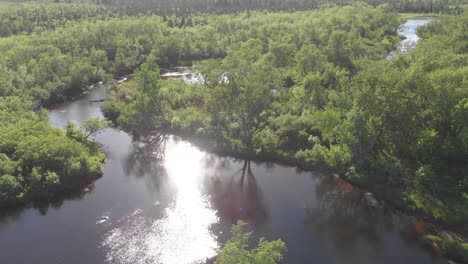 Río-Sinuoso-En-Un-Denso-Bosque-Cloquet-River-Minnesota-Drone-Aéreo