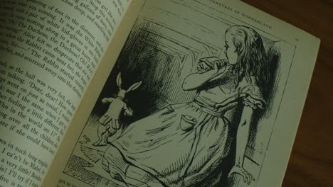 Close-Up-Pan-Right-of-a-Book-Page-Illustration-Featuring-Alice-from-Through-the-Looking-Glass