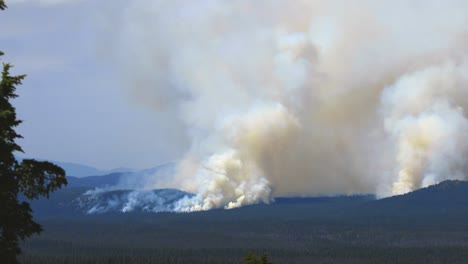 Cinematic-slow-motion-view-of-smoke-caused-near-crater-lake-or-forest-fire-in-wide-shot