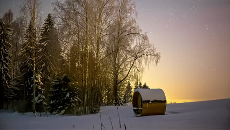 Fasssauna-Auf-Verschneitem-Land-In-Der-Nähe-Der-Bäume-Mit-Sternen-Am-Nachthimmel