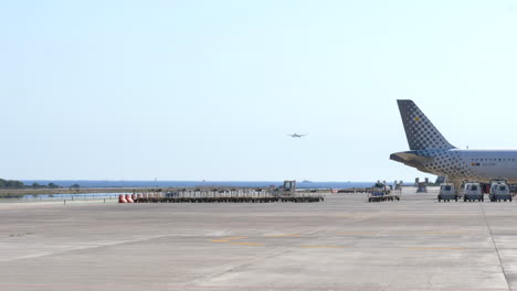 Ibiza-Airport-During-Summer-Season,-Aircraft-in-Approach-Landing-on-Runway