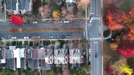 Slow-motion-top-down-aerial-of-traffic-at-intersection