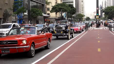 First-generation-Ford-Mustang-Convertible,-Ford-Model-A,-And-Renault-Alpine-A108-Cabriolet-In-Brazil
