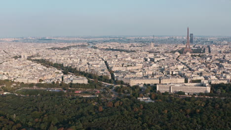 Slider-drone-shot-of-West-Paris-Eiffel-tower-and-arc-de-triomphe