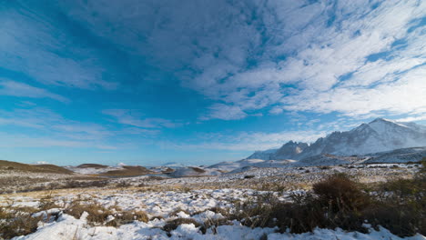 Time-Lapse-Of-Thin-Wispy-Rolling-Clouds-Under-Blue-Skies-Over-Torres-del-Paine-Winter-Landscape