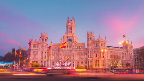 Timelapse-Madrid-city-Hall-and-Cibeles-fountain-during-sunset-in-winter