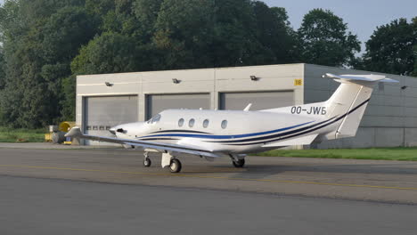 Pilatus-PC-12-Single-engine-Turboprop-Aircraft-Ready-For-Takeoff-At-The-Antwerp-International-Airport-In-Belgium
