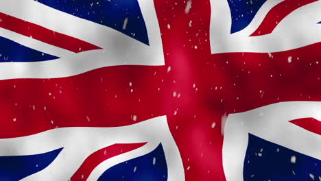 Schwenkende-Nationalflagge-Des-Vereinigten-Königreichs-Mit-Schneefall-VFX-Im-Vordergrund