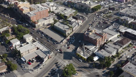 Aerial-over-historic-Hollywood's-Cahuenga-Boulevard-and-Franklin-Avenue