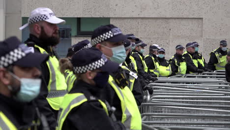 A-line-of-Metropolitan-police-officers-wearing-protective-surgical-face-masks-stand-guard-behind-metal-crowd-barriers