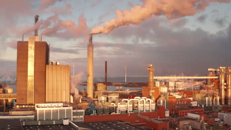 AERIAL-of-a-polluting-industrial-factory-at-sunset