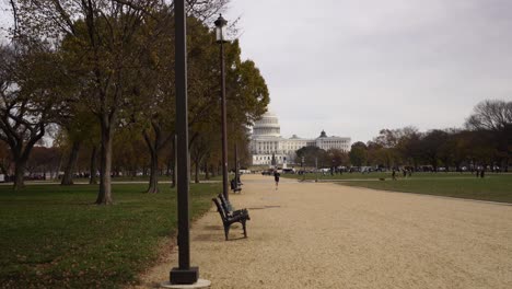 Beautiful-park-and-dome-of-Capitol-building-in-distance,-motion-forward-view
