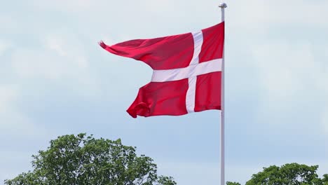 Bandera-Danesa-Dannebrog-Dividir-Viento-De-Verano-Vida-Real---Cámara-Lenta-Fhd-Cámara-Lenta