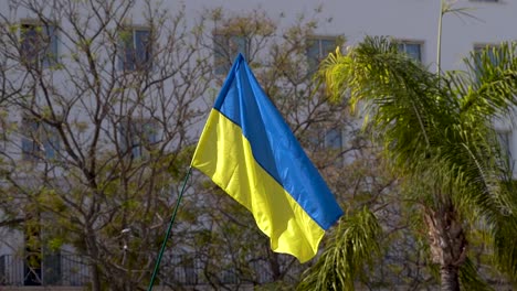Zeitlupenansicht-Der-Ukrainischen-Flagge,-Die-Bei-Russisch-ukrainischen-Kriegsprotesten-Geschwenkt-Wird