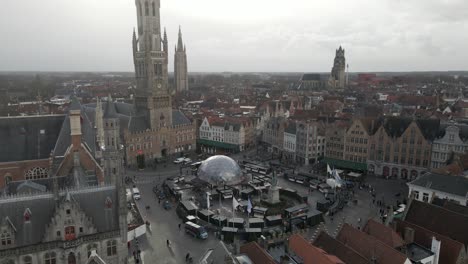 Aerial-of-The-Markt-Market-Square-of-Bruges-is-located-in-the-heart-of-the-city-Brugge-in-Belgium