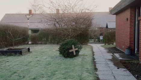 El-árbol-De-Navidad-Es-Arrojado-Desde-La-Puerta-De-Entrada-De-La-Casa-Al-Jardín.