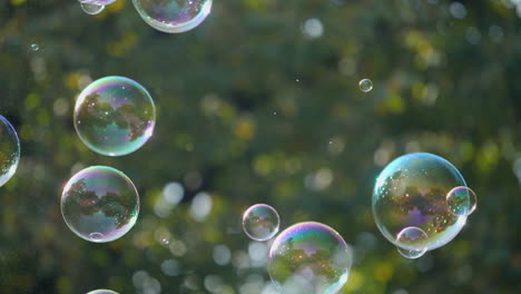 Slow-motion-shot-of-shining-soap-bubbles-slowly-ascending-in-the-park