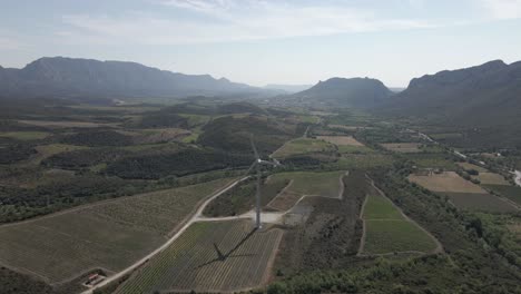 Aerial-flight-to-single-windmill-in-green-French-valley-of-vineyards