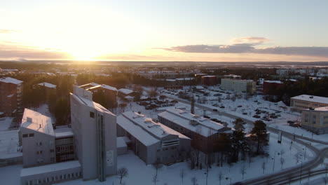 Beautiful-Winter-Sunset-Over-Umea-Biotech-Incubator-Buildings,-Sweden