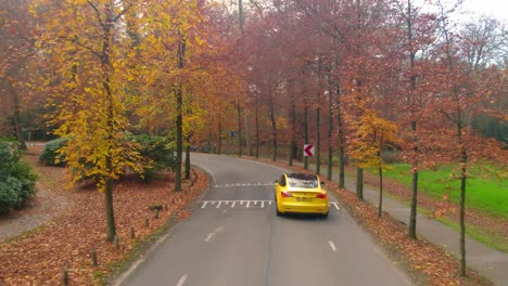 A-drone-flight-following-a-yellow-Tesla,-that-is-driving-along-a-forest-road-and-heading-to-the-castle-bridge