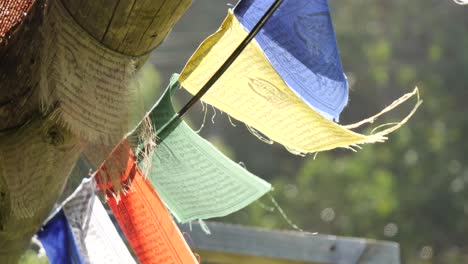 Colorful-pray-flags-closeup-on-a-windy-day-with-a-green-background-on-slow-motion