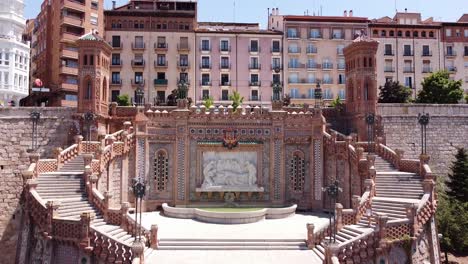 Teruel,-Aragon,-Spain---Aerial-Drone-View-of-the-Staircase-and-Fountain-in-Mudejar-Architecture-Style