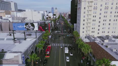 Aerial-Shot-Flying-Over-Hollywood-Boulevard-in-the-Daytime