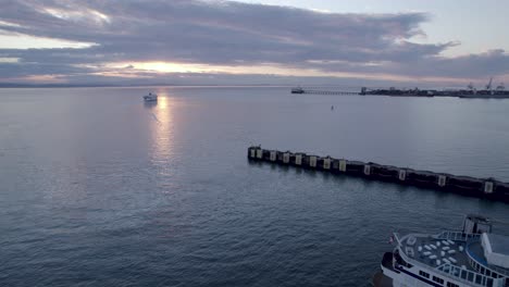 Ferry-boat-docked-at-Tsawwassen-Vancouver-terminal-at-sunset,-British-Columbia-in-Canada