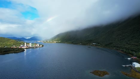 Ariel-view-in-Sigerfjord-cloudy-summer-day-with-a-rainbow,-old-factory-part-4