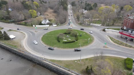 Aerial-footage-view-of-route-3A-and-Summer-Street-as-they-come-off-the-rotary-or-roundabout-in-Hingham,-MA-USA