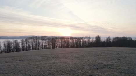 Flying-over-a-frozen-meadow-and-bare-deciduous-trees-to-reveal-an-incredible-foggy-sunrise