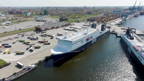 Aerial-view,-the-new-ferry-Luna-Seaways-moored-at-the-ferry-terminal-in-Klaipeda-port
