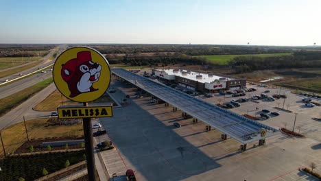 Aerial-footage-of-the-Melissa-Buc-ees-located-in-Melissa-Texas