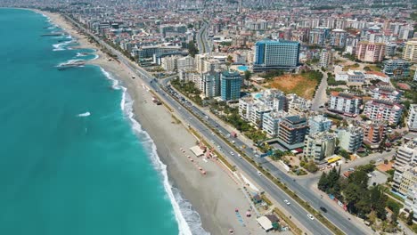Aerial-view-resort-city-Alanya-in-southern-coast-of-Turkey,-amazing-place-for-summer-vacation-in-Mediterranean
