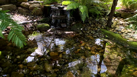 Agua-Que-Fluye-Hacia-Un-Estanque-Pequeño,-Jardines-Japoneses,-Brisbane,-Queensland
