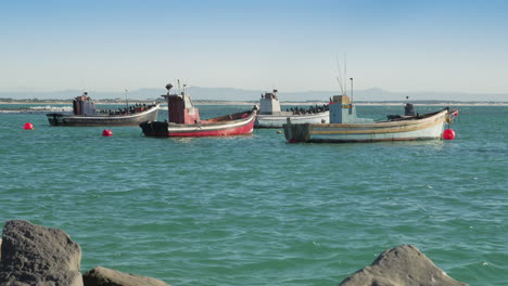 Anchored-local-fishing-boats-in-harbour,-Struisbaai,-South-Africa