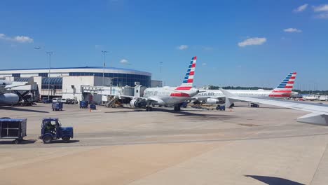 Riding-in-airplane-to-gate-at-Dallas-Airport,-USA