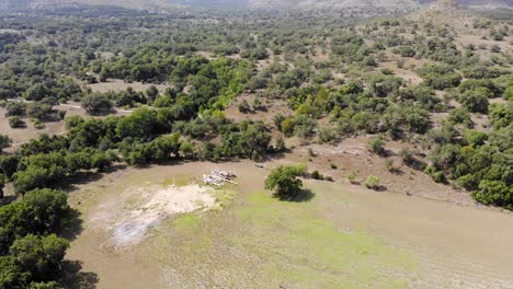 Pan-right-showing-hill-country-with-fields,-trees,-and-finally-the-river---Aerial-footage-of-the-Blanco-river-in-Wimberly,-TX