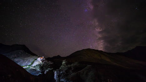 Dark-star-sky-and-milky-way-rising-above-Diskit-Monastery,-Nubra-Valley,-Ladakh